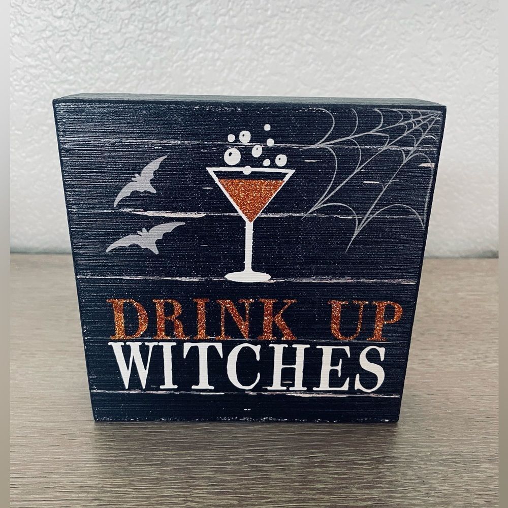 Drink Up Witches Halloween Farmhouse Cocktail Bar Wood Decor Sign